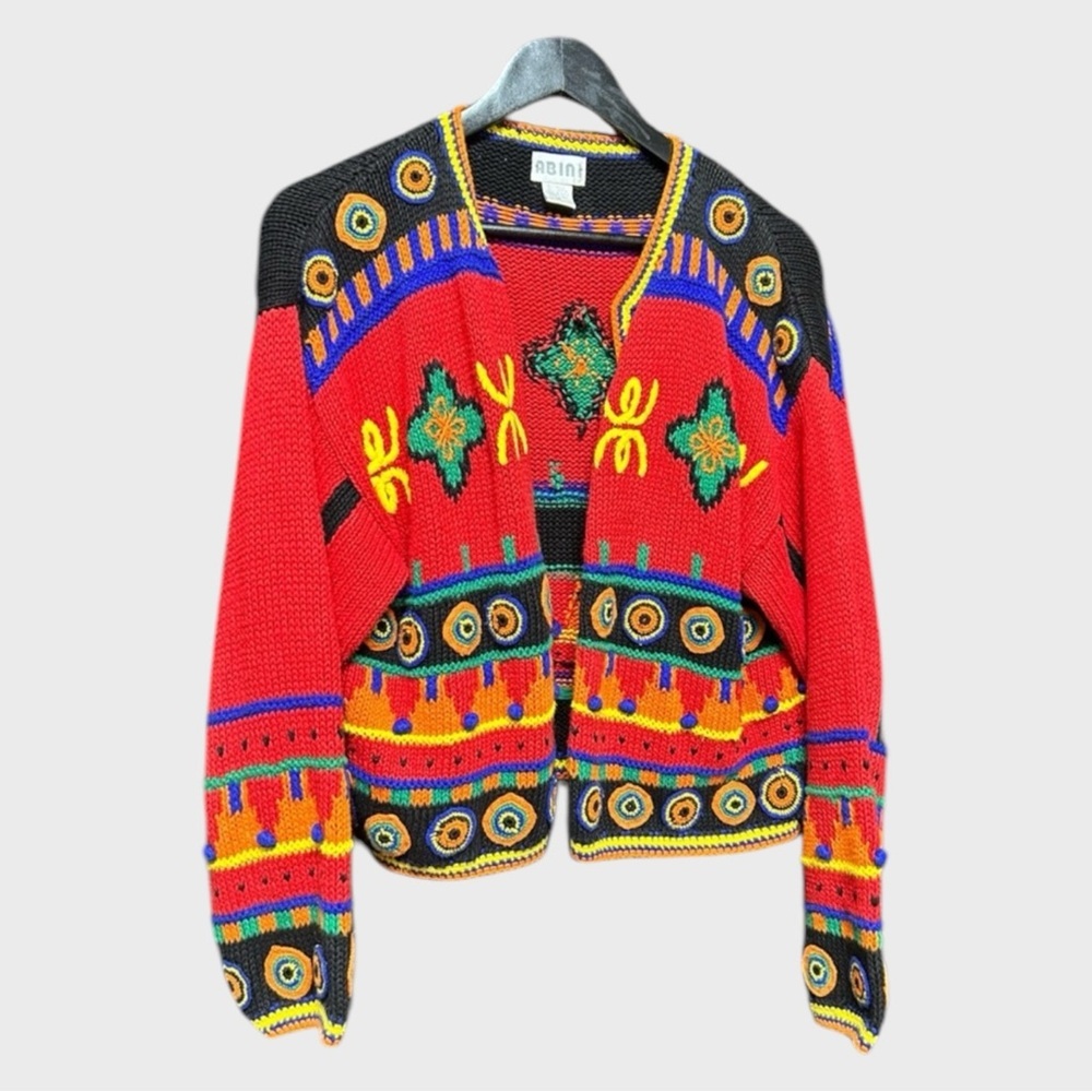 Vintage hand knit vintage cardigan by Abini medium chunky western colorful artsy